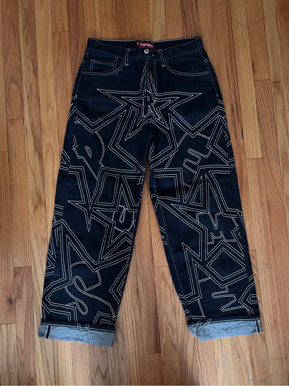 $330 Supreme 25SS Blue Denim Stars Topstitch Baggy Jeans size 30